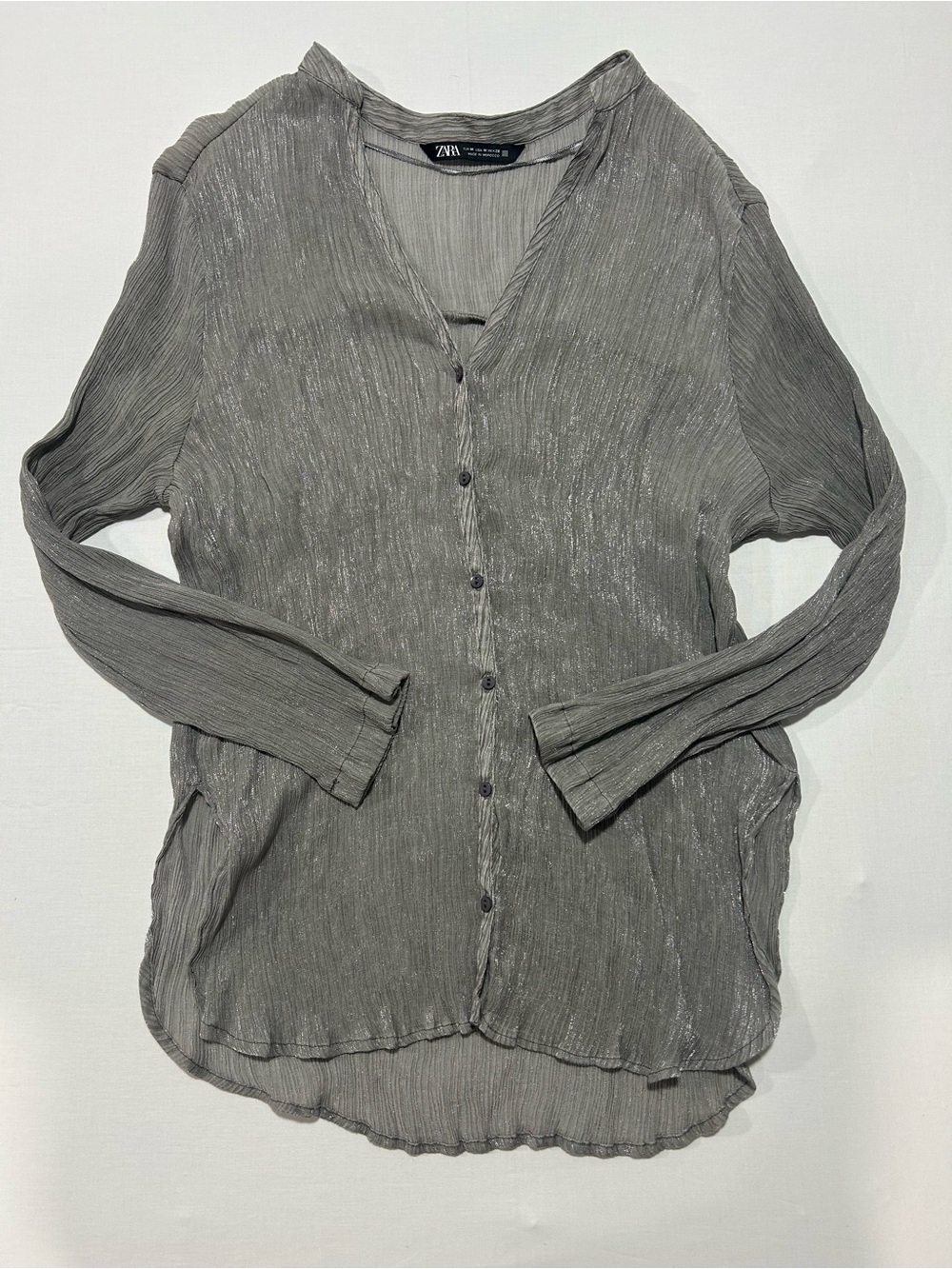 Zara Metallic Gray Long Sleeve Button-Front Blouse